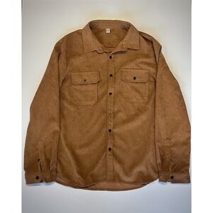 Mens Corduroy Solid Brown Button Up Brown Size L